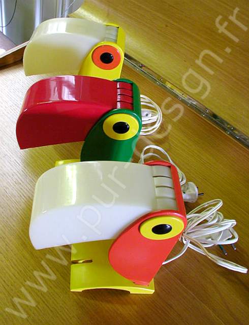 Ensemble de trois lampes toucans, perroquet Old timer FERRARI. Pur Design.