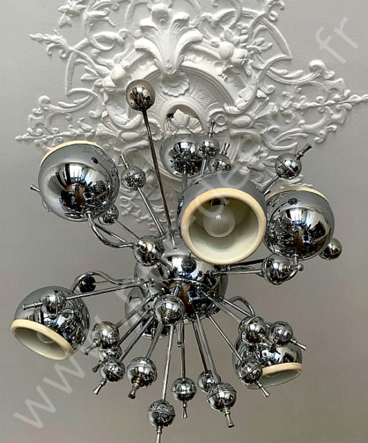 Grand lustre spoutnik Eye ball de Goffredo Reggiani, 6 feux, circa 70, Space Age.  Pur Design.