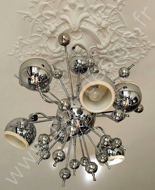 Grand lustre spoutnik Eye ball de Goffredo Reggiani, 6 feux, circa 70, Space Age.  Pur Design.