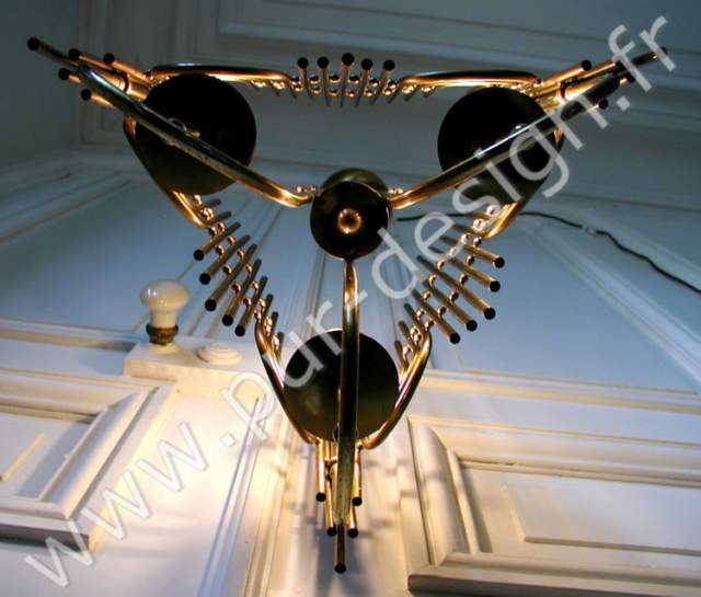 Lustre Art Dco / moderniste en laiton et bronze. Pur Design.