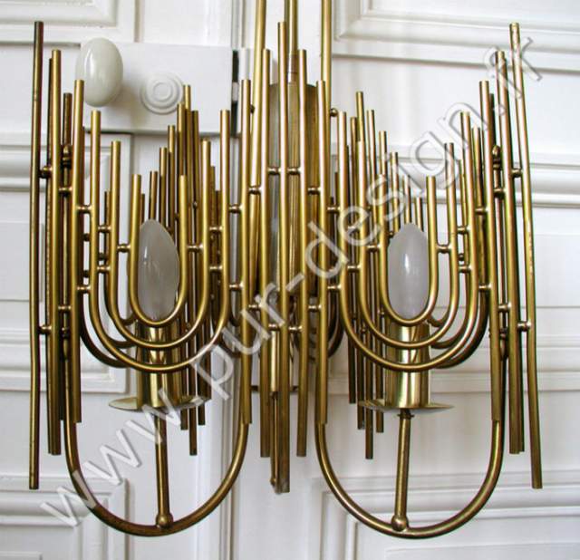 Lustre Art Dco / moderniste en laiton et bronze. Pur Design.