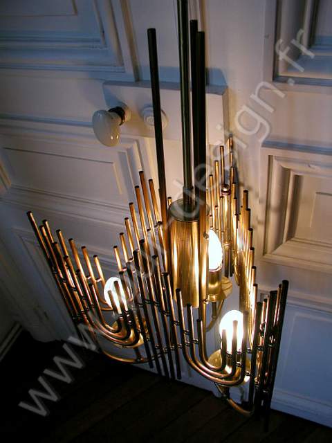 Lustre Art Dco / moderniste en laiton et bronze. Pur Design.